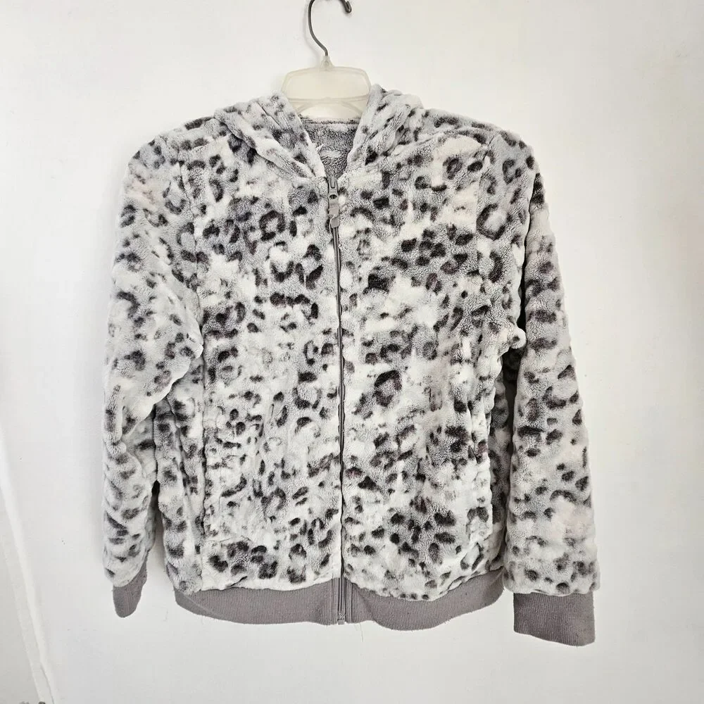 Wonder Nation Jacket Girls XL 14-16 Plus Gray Snow Leopard Hood Plush